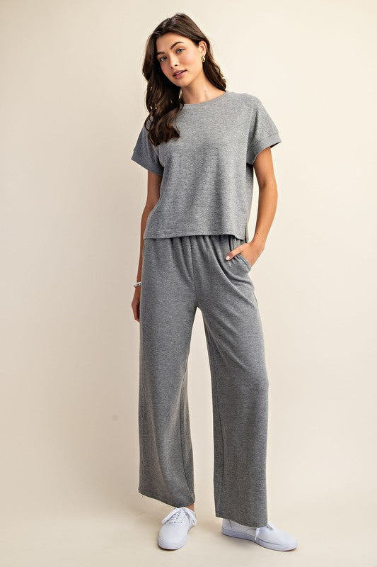 Knit Short Sleeve Top & Pant Set- Gray