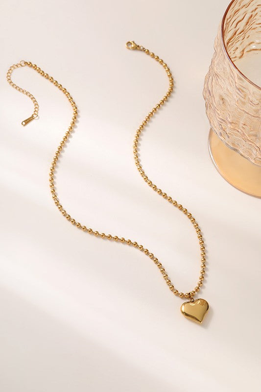 18K Coated Tarnish-Free Puffy Heart on Ball Chain Necklace