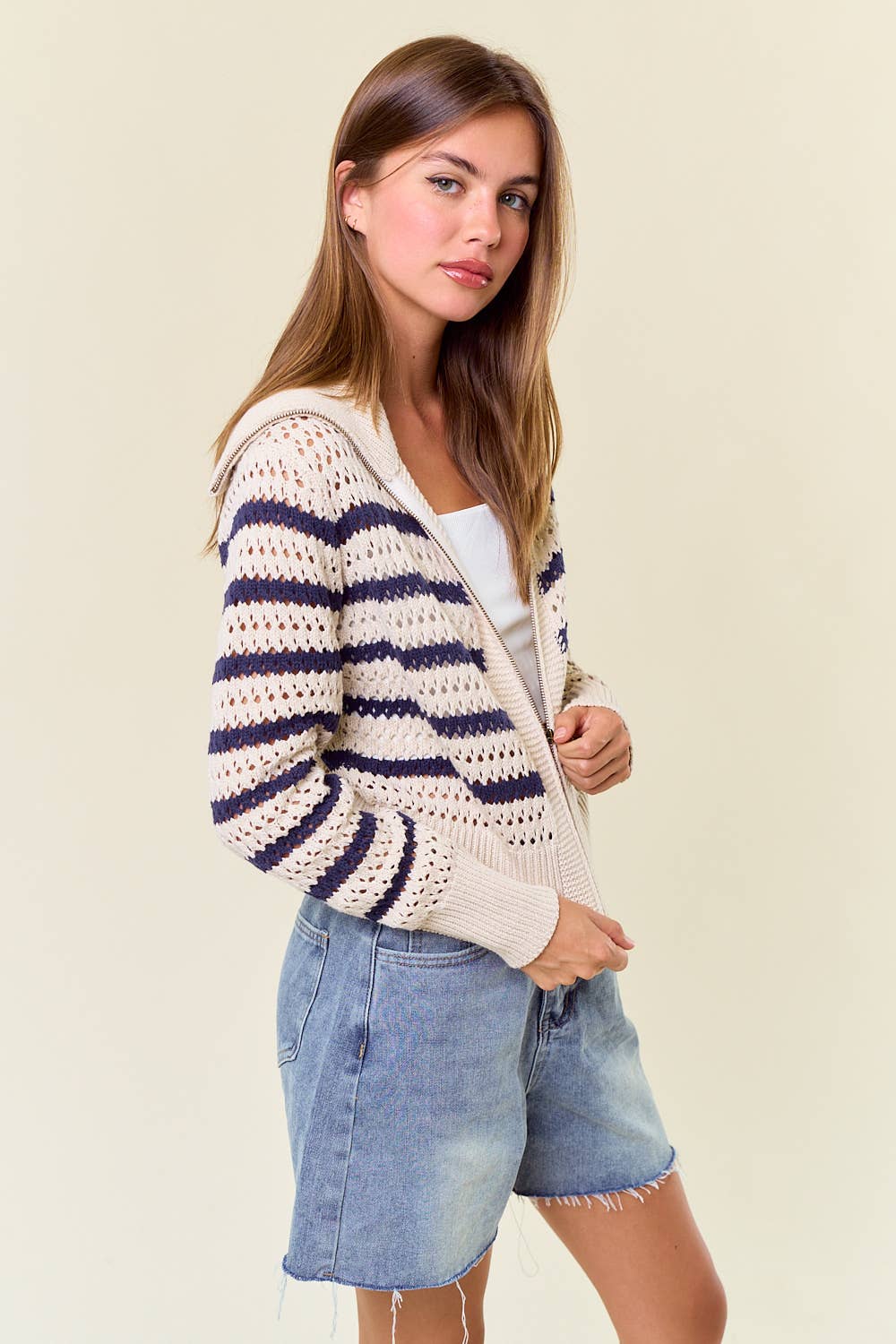 Zip-Up Striped Pointelle Open Knit Sweater Jacket -