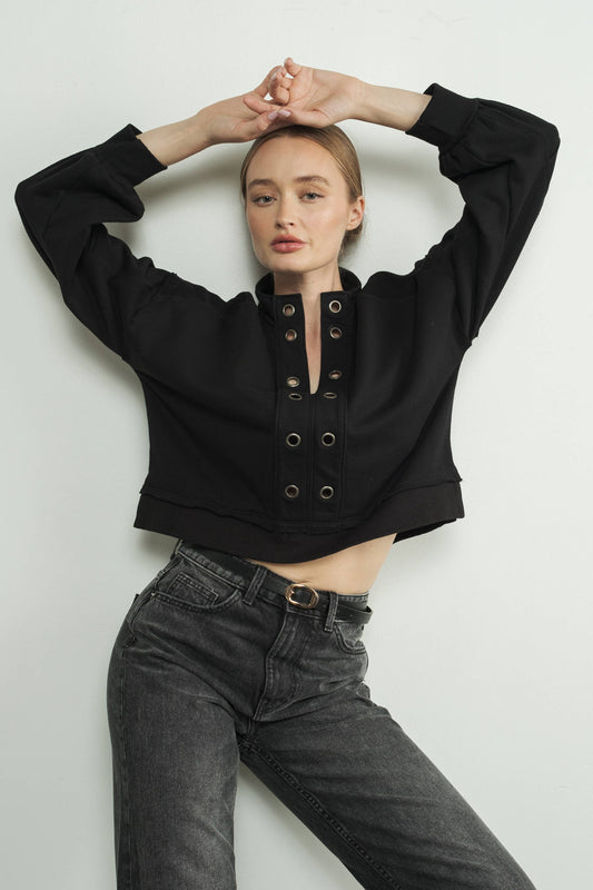 MAGGIE EYELET PLACKET HIGH NECK SWEATSHIRTS