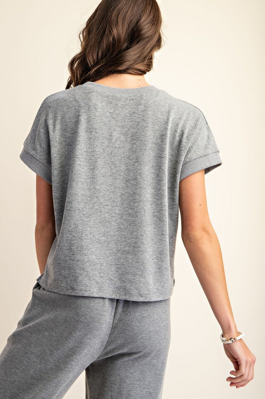 Knit Short Sleeve Top & Pant Set- Gray