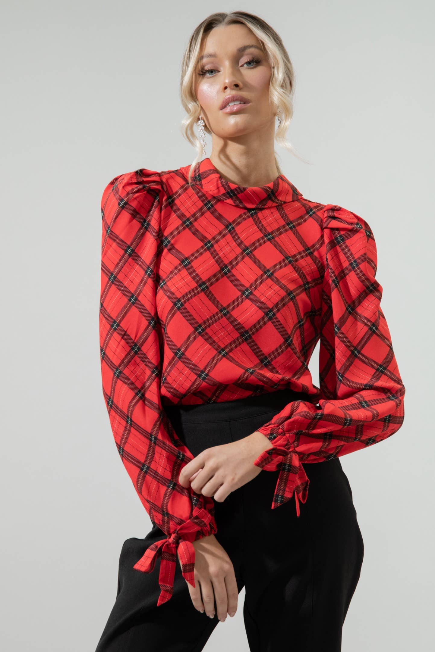 Hartland Tartan Plaid Mock Neck Button Back Blouse