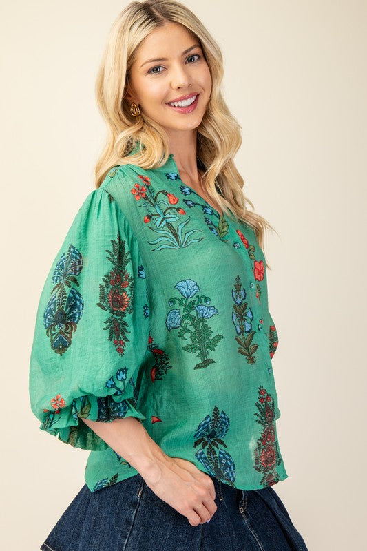 Cora Printed Button Down Top with 3/4 Length Sleeves