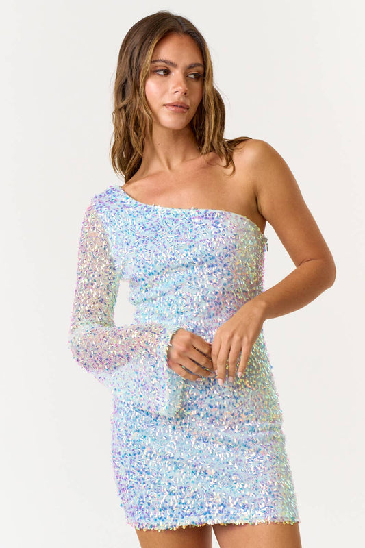 ONE SHOULDER SEQUIN LONG SLEEVE DRESS