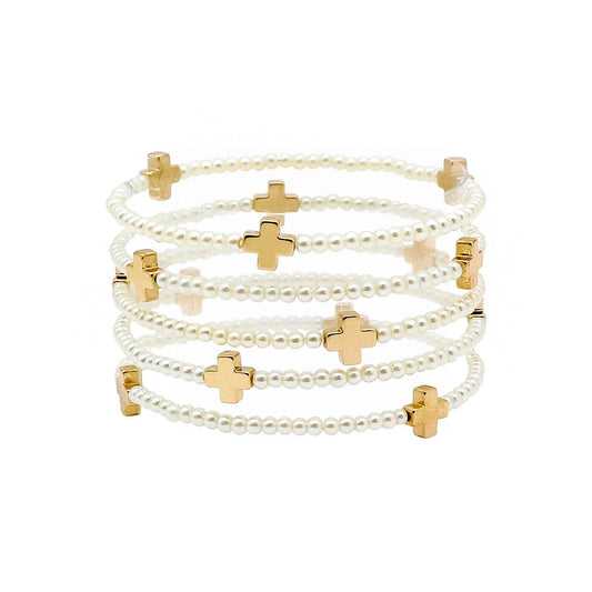 Pearl with Gold Cross Shape Beaded Stretch Bracelets