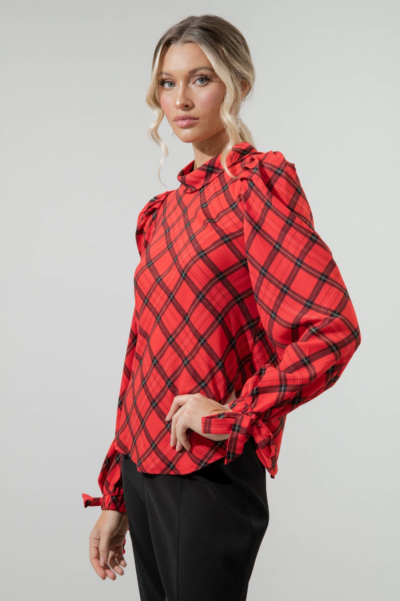 Hartland Tartan Plaid Mock Neck Button Back Blouse