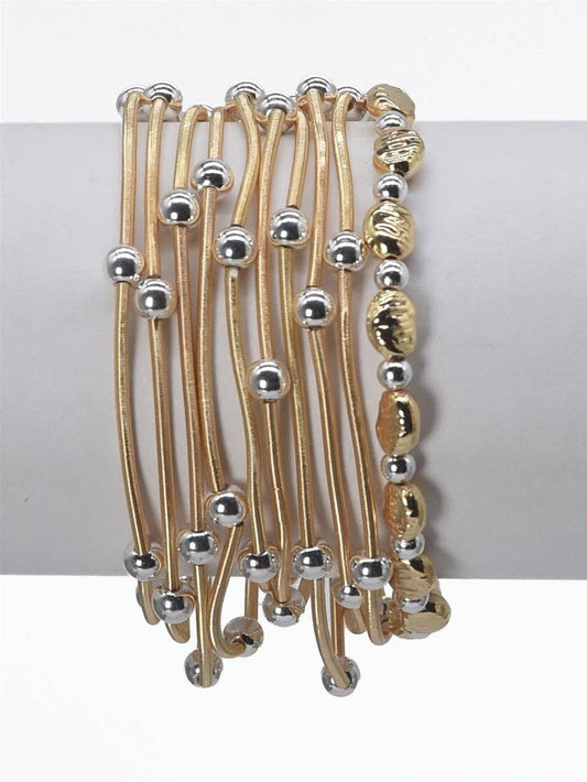 Gold Wired Stretch Bracelets with Silver Beaded Accents Stack