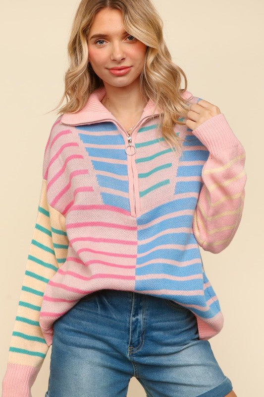 CHERRY HALF ZIP UP STRIPE OVERSIZED SWEATER KNIT TOP