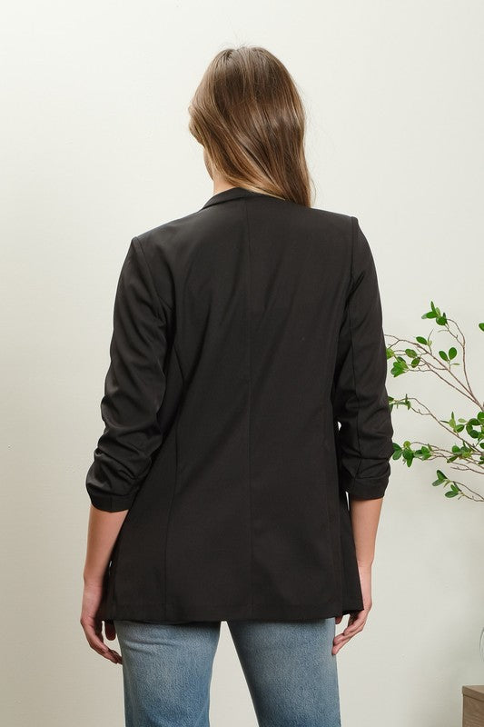 Lisa COLLARLESS 3/4 RUCHED SLEEVE LONGLINE BLAZER