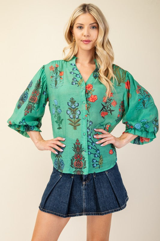 Cora Printed Button Down Top with 3/4 Length Sleeves