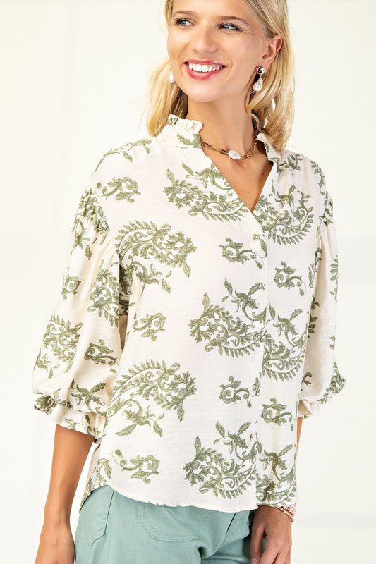 Angelia Button Down Top with 3/4 Length Sleeves in Green Floral