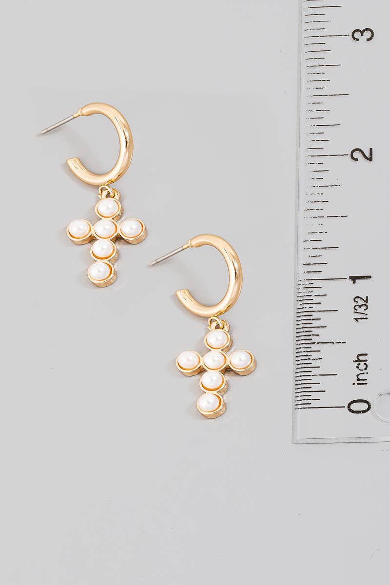 Pearl Studded Cross Charm Hoop Earrings