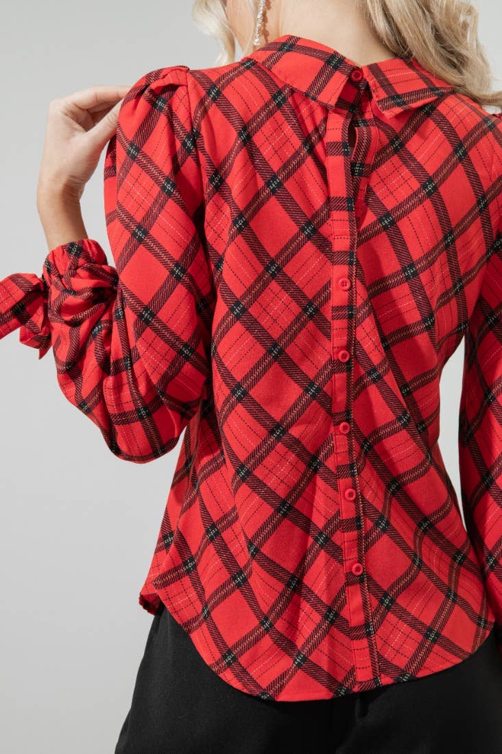 Hartland Tartan Plaid Mock Neck Button Back Blouse