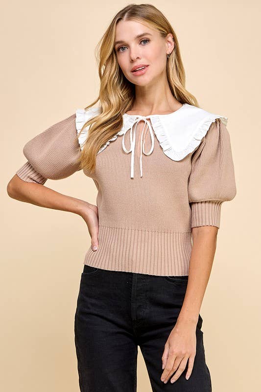 Contrast Color Collared Knit Top