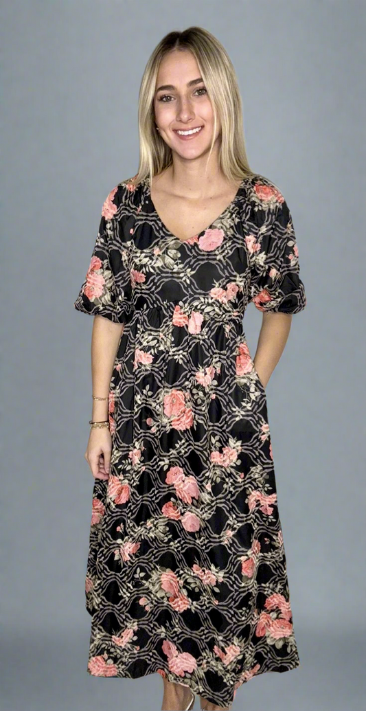 TEXTURED FLORAL PRINT PUFF SLEEVE MIDI DRESS