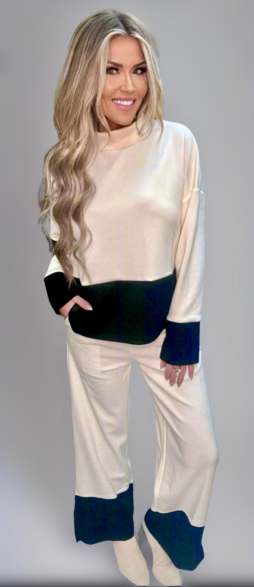 P. CILL Butter Modal Color Block Mock Neck Top & Pant Set