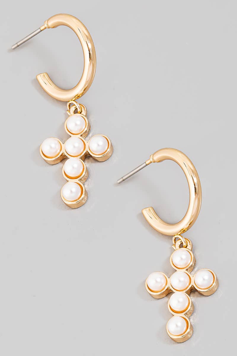 Pearl Studded Cross Charm Hoop Earrings