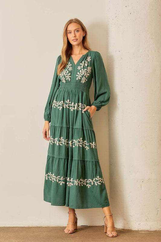 EMBROIDERED FLORAL SOLID LONG SLEEVE DRESS