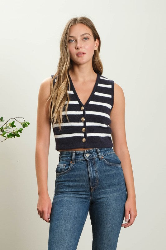 Saylor STRIPE BUTTON DOWN SLEEVELESS CROP KNIT
CARDIGAN