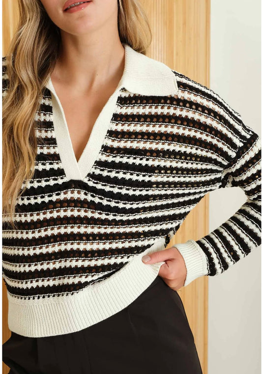 CONTRAST LONG SLEEVE COLLARED SWEATER