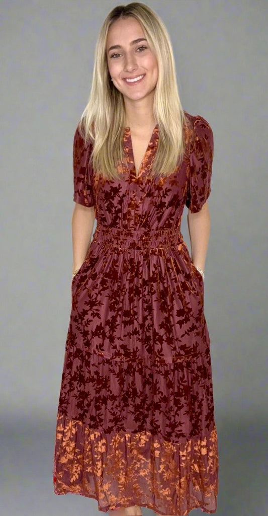 VELVET TEXTURED PRINT TIERED DRESS