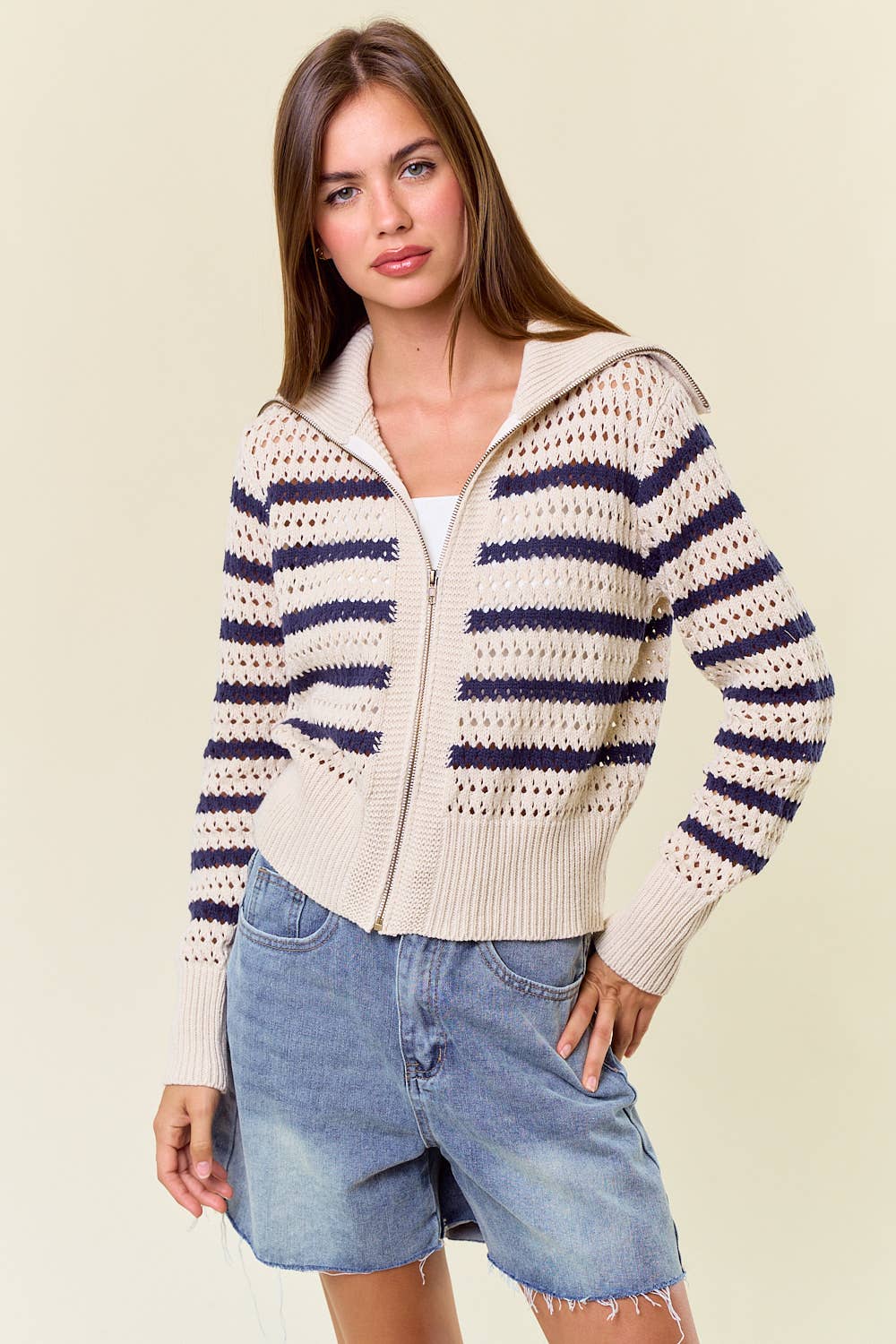 Zip-Up Striped Pointelle Open Knit Sweater Jacket -