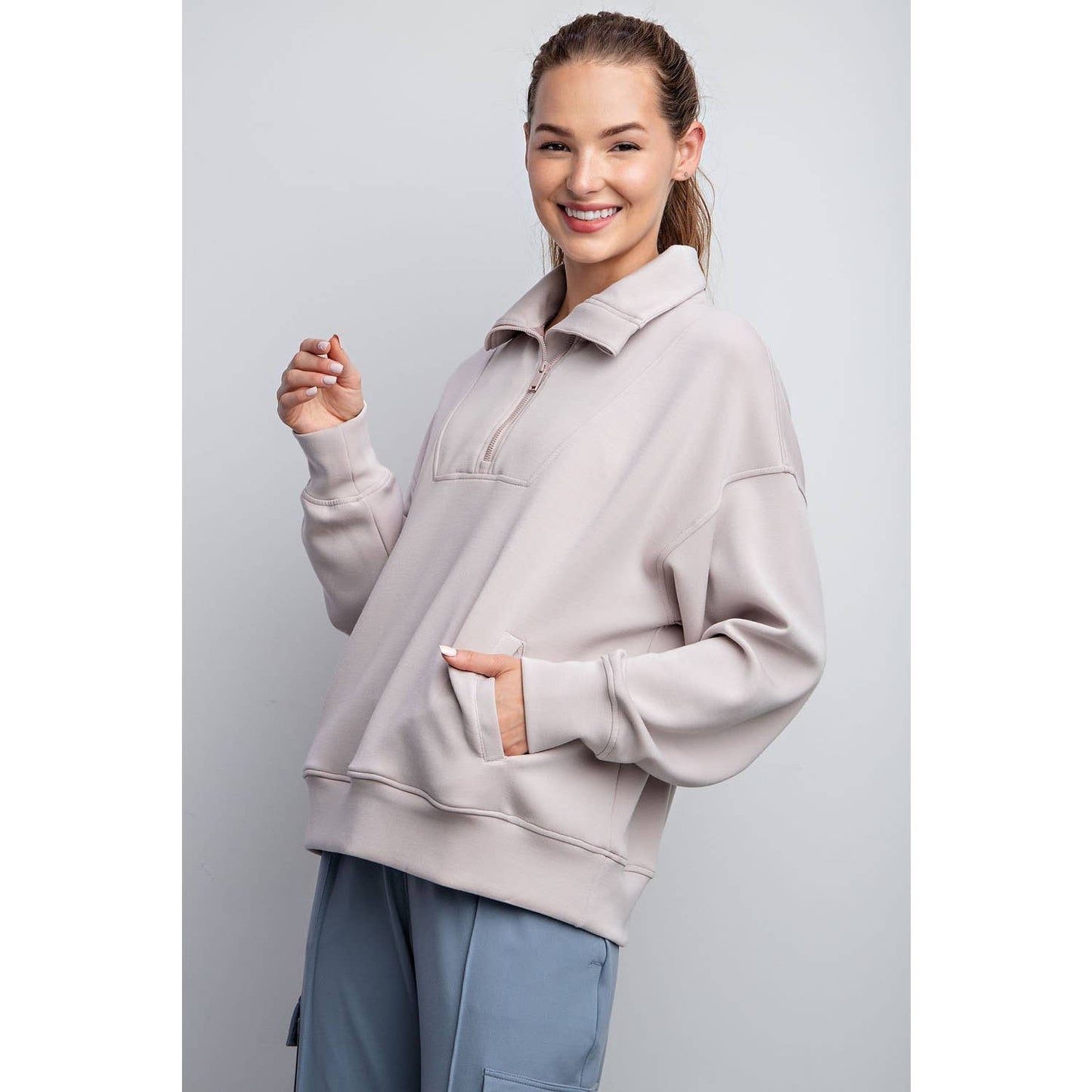 MODAL POLY SPAN QUARTER ZIP FUNNEL NECK PULLOVER