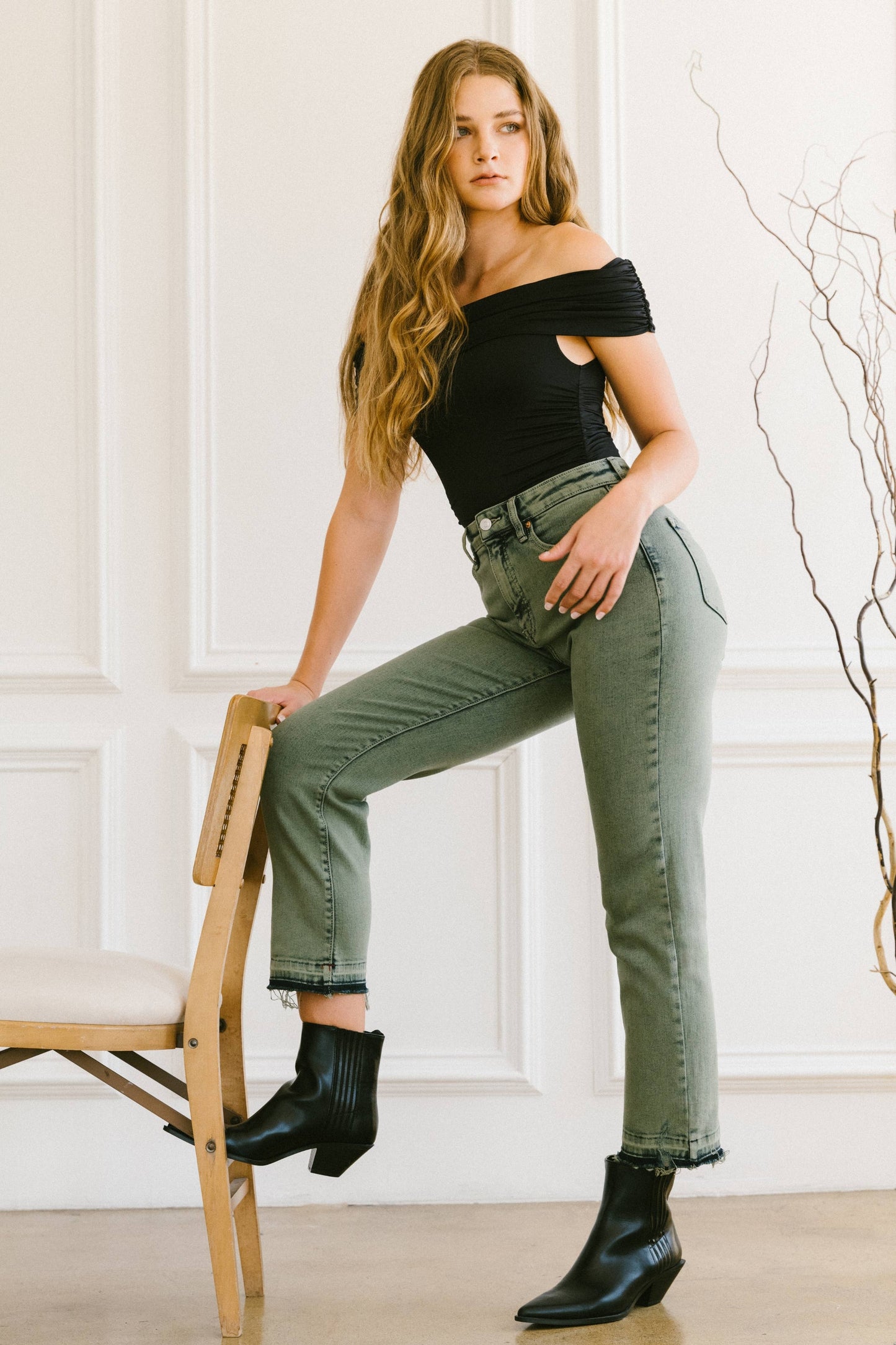 OLIVE TUMMY CONTROL HIGH RISE SLIM STRAIGHT JEANS