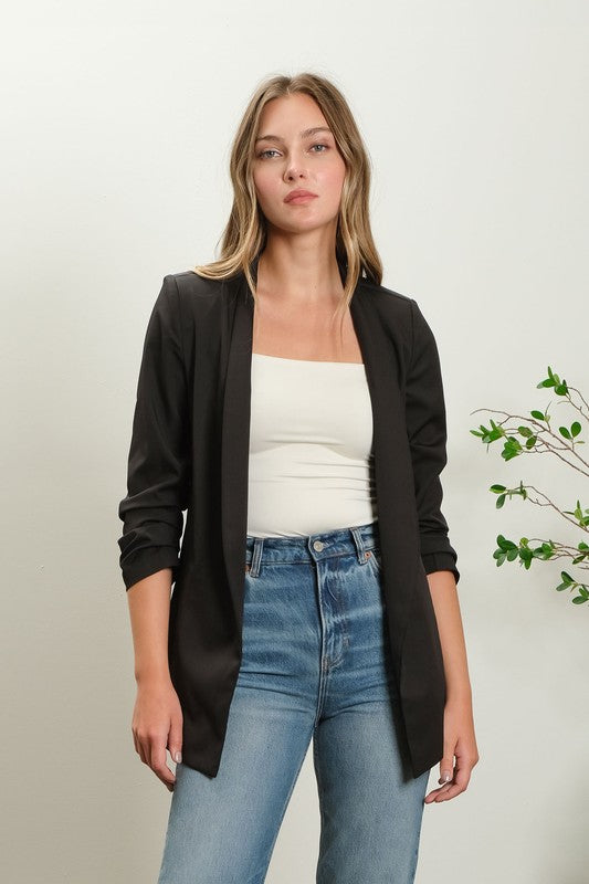 Lisa COLLARLESS 3/4 RUCHED SLEEVE LONGLINE BLAZER