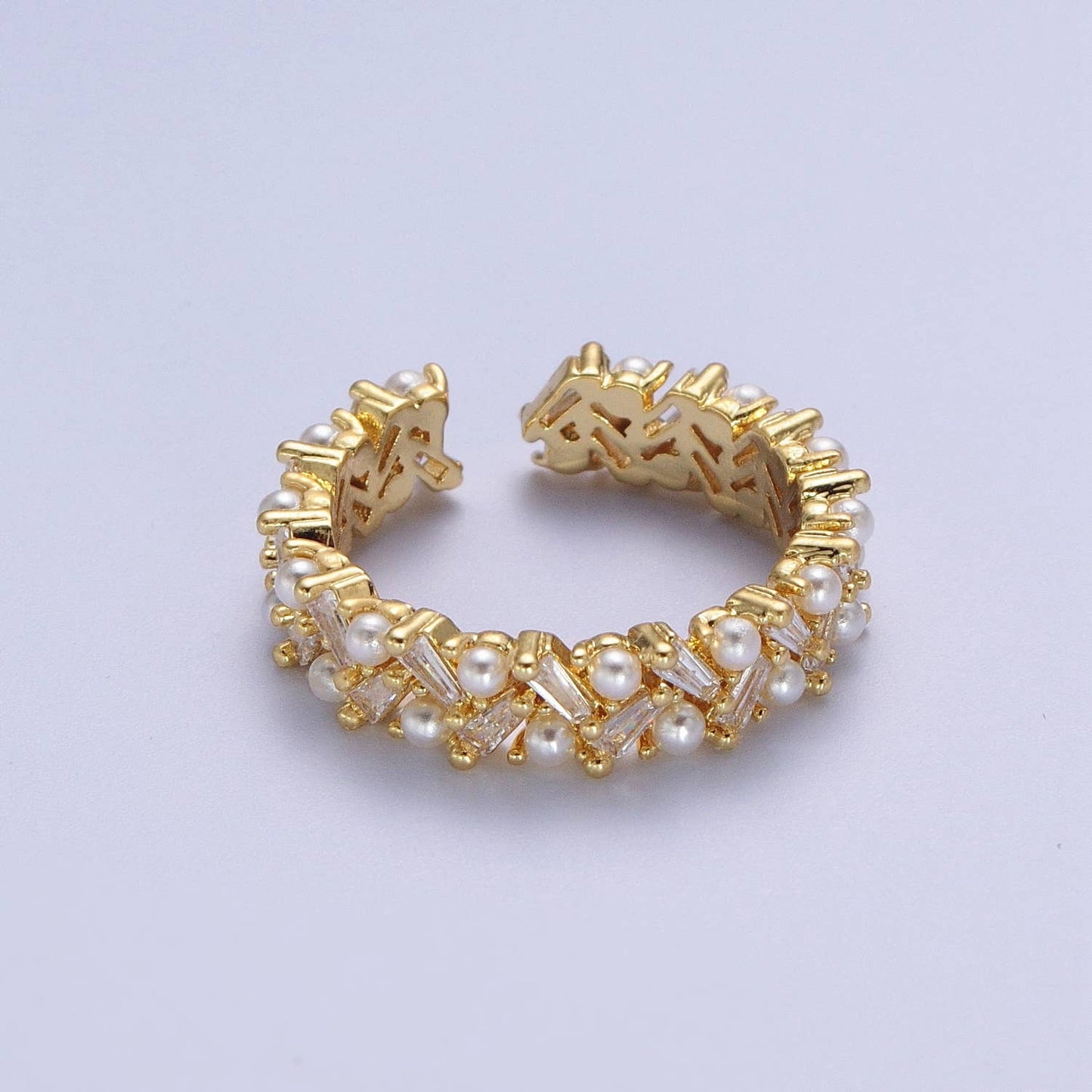 Gold Mini Baguette Round Pearl Adjustable Ring