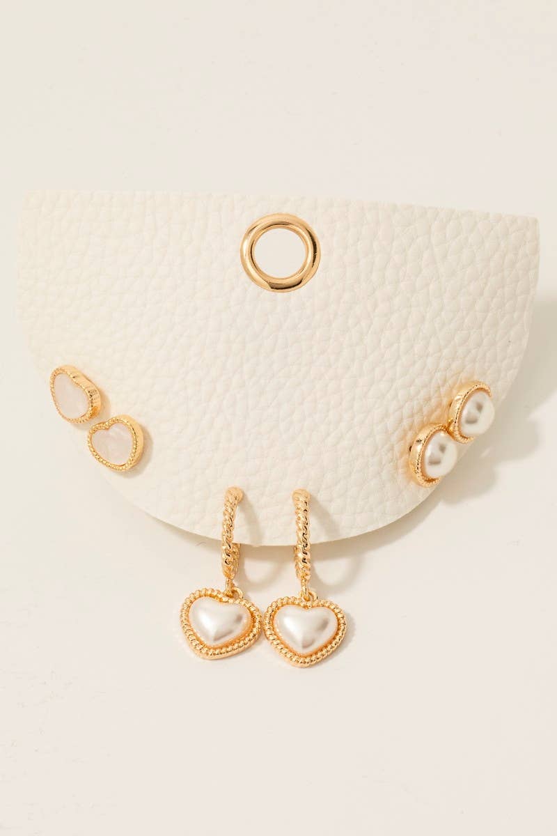 Pearl Studs And Heart Charms Earrings Set