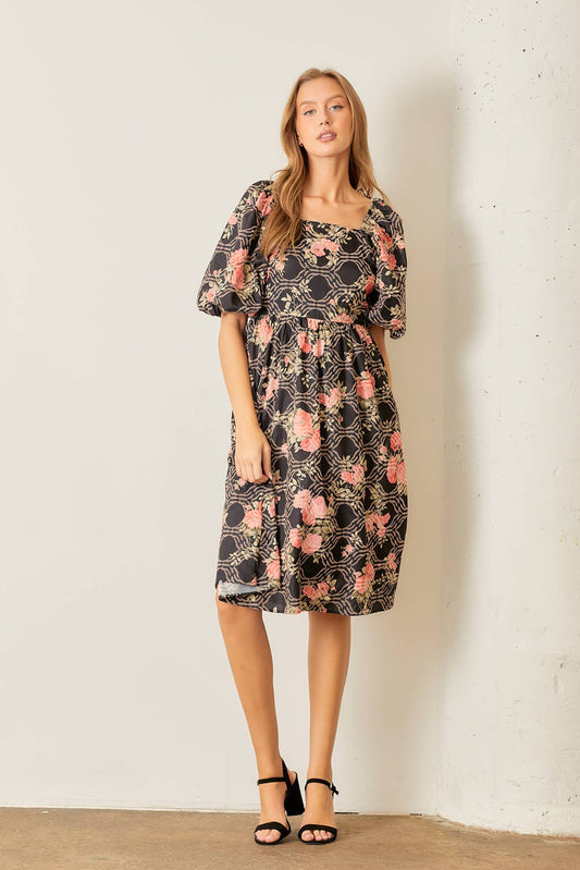 TEXTURED FLORAL CHIFFON DRESS