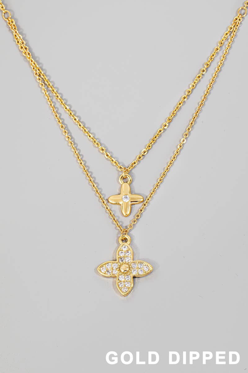 Gold Dipped Cz Pave Double Clover Charm Chain Necklace