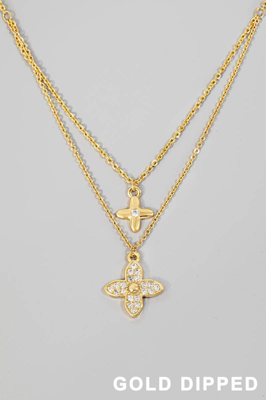 Gold Dipped Cz Pave Double Clover Charm Chain Necklace