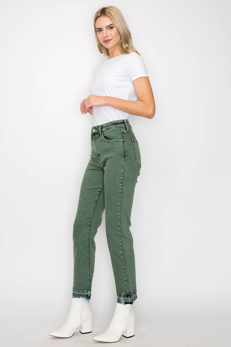 OLIVE TUMMY CONTROL HIGH RISE SLIM STRAIGHT JEANS