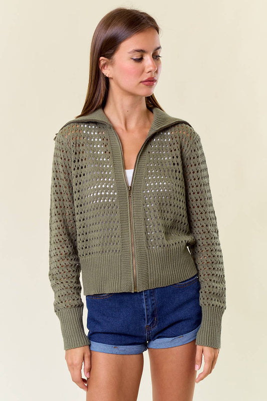 Zip-Up Pointelle Open Knit Sweater Jacket