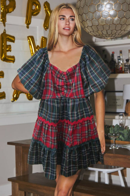 Holiday Plaid Sweetheart Neck Babydoll Dress