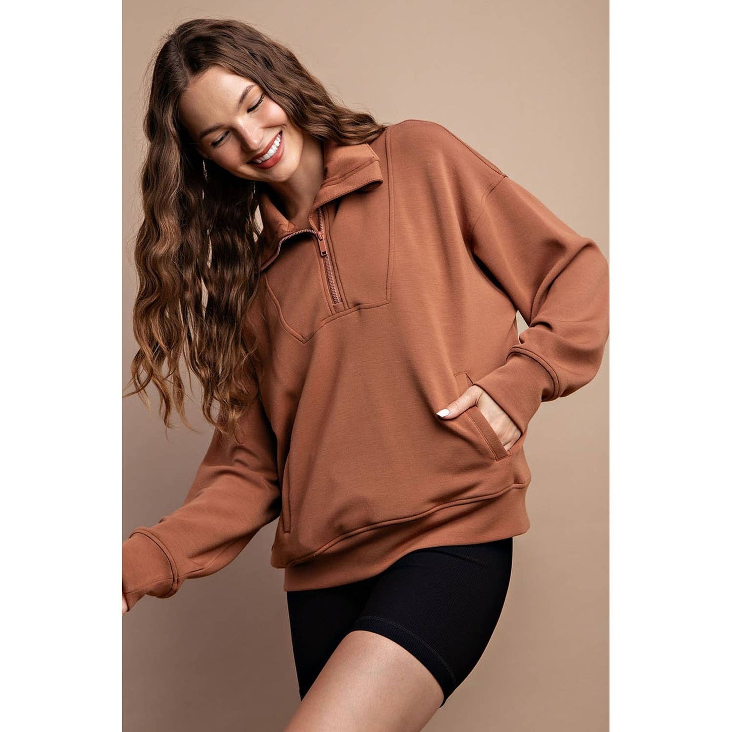 MODAL POLY SPAN QUARTER ZIP FUNNEL NECK PULLOVER