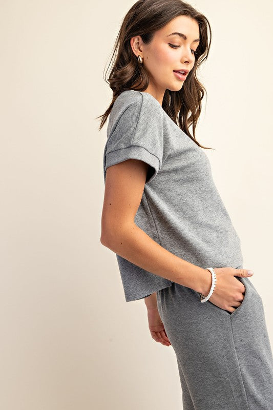 Knit Short Sleeve Top & Pant Set- Gray