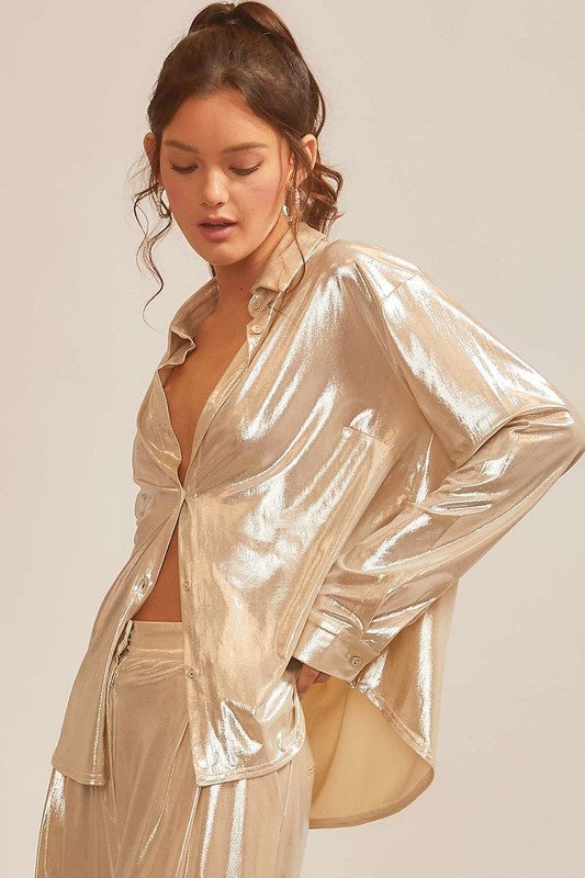 Glamorous Champagne Button Down Top & Pant Set