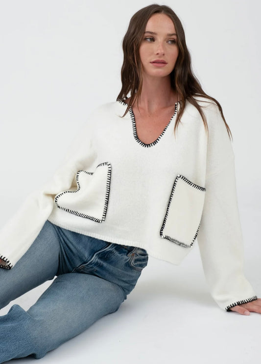 CONTRAST STITCH LONG SLEEVE POCKET SWEATER