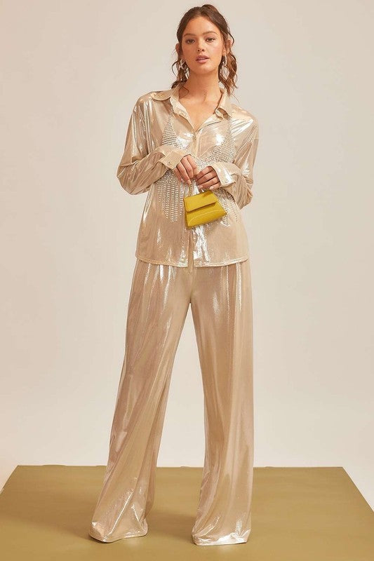 Glamorous Champagne Button Down Top & Pant Set