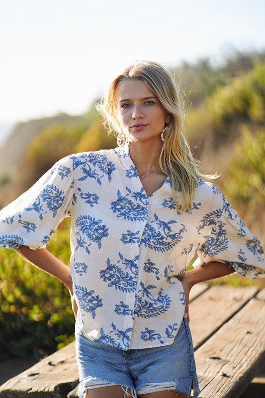 Angelia Button Down Top with 3/4 Length Sleeves in Blue Floral