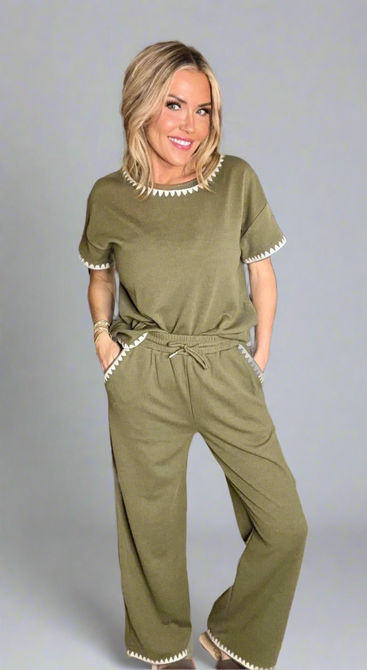 STACE EMBROIDERED RIBBED ELASTIC WAIST PANT & SHIRT SET