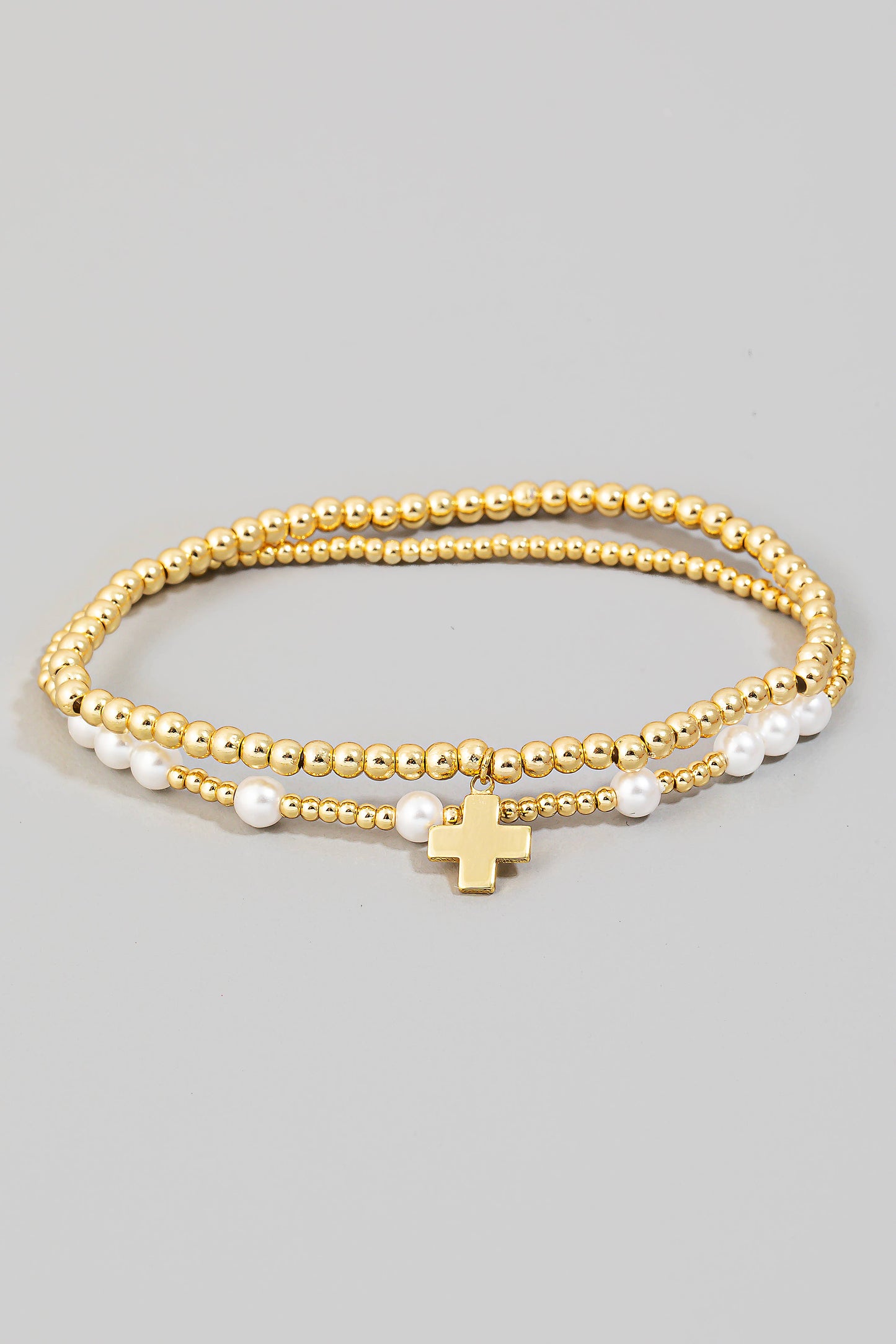 Gold Dipped Cross Charm Mixed Beaded Bracelet Set