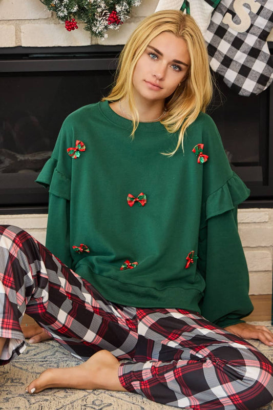 Holiday Bow Patch Detailed Flutter Sweatshirt