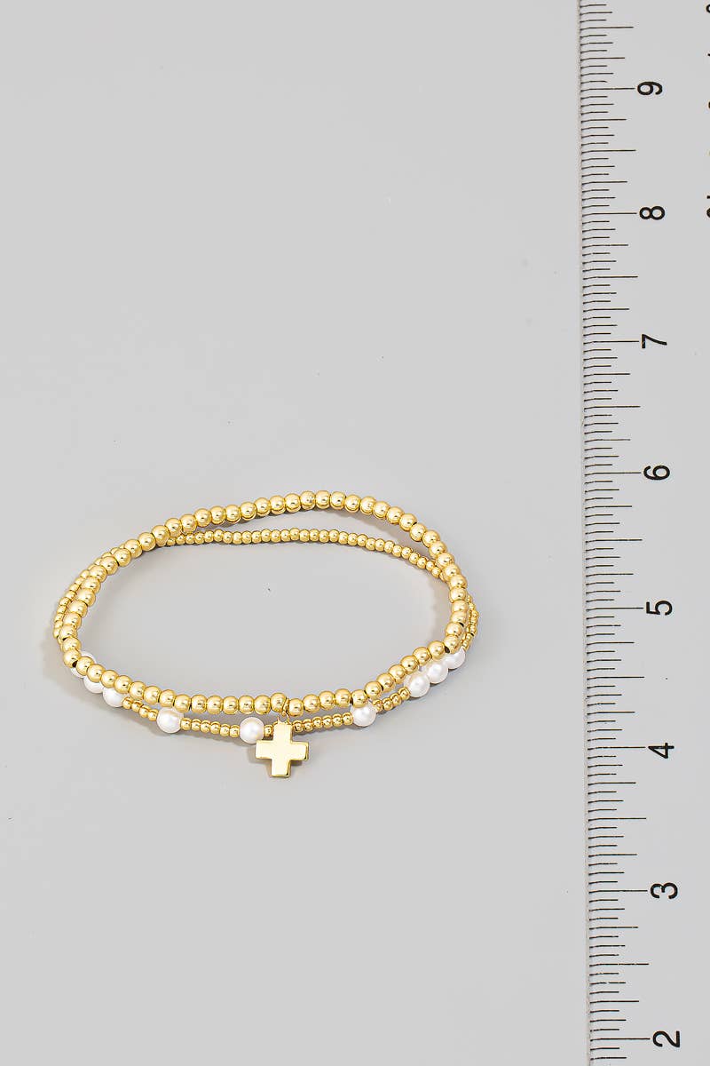 Gold Dipped Cross Charm Mixed Beaded Bracelet Set