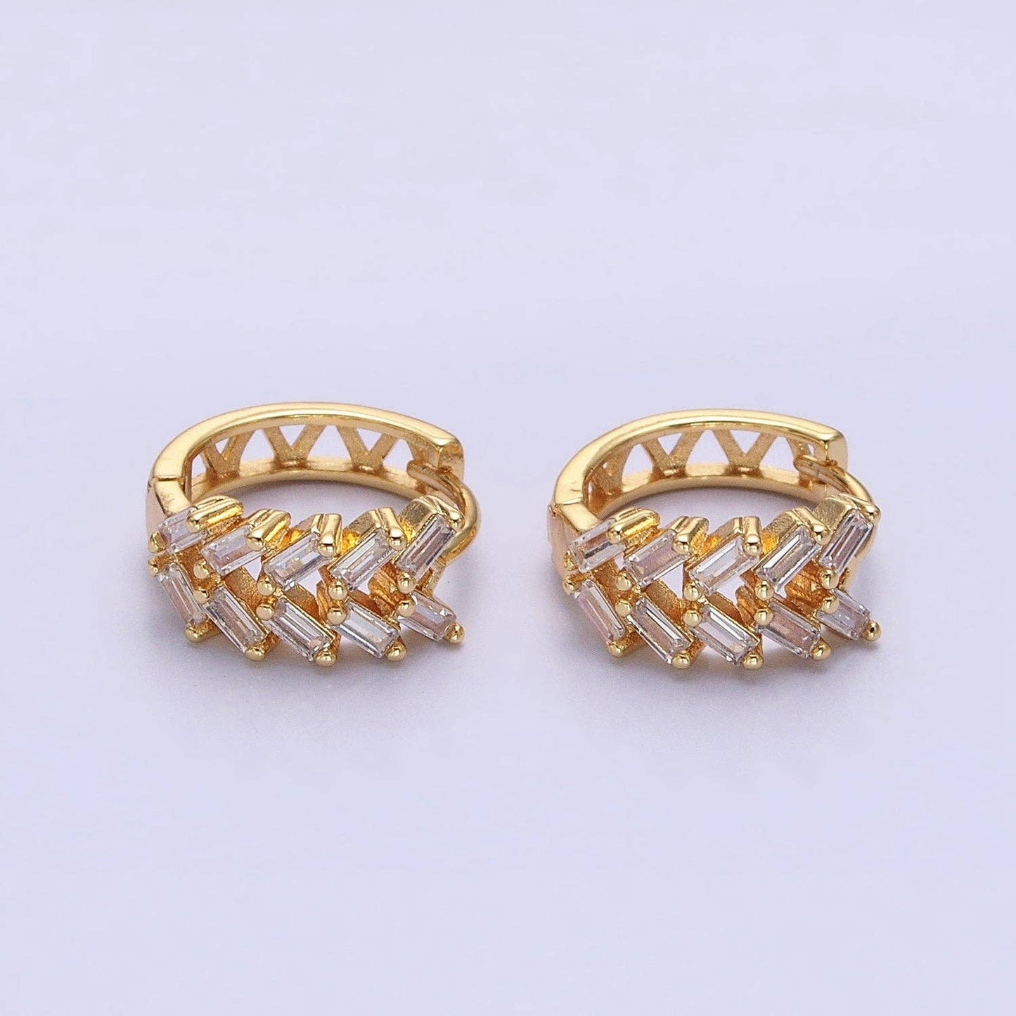 Gold V Double Clear Baguette Huggie Earrings