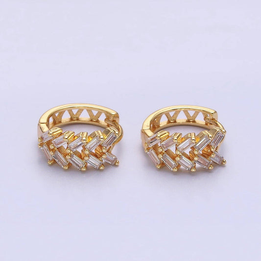 Gold V Double Clear Baguette Huggie Earrings