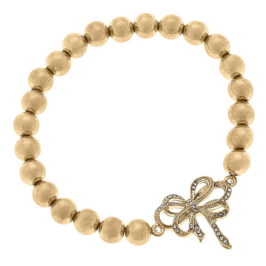 Carina Pavé Bow Ball Bead Stretch Bracelet in Worn Gold